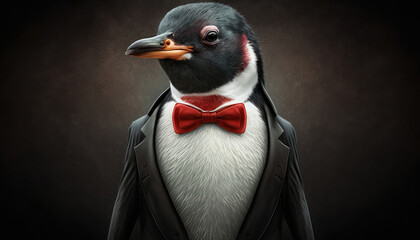 lifelike penguin in suit, butler, red suit bow tie