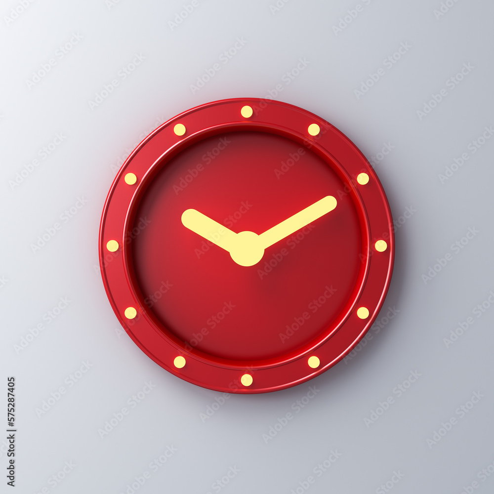 Leinwandbilder red clock with retro neon light bulbs isolated on white wall background with shadow 3d rendering