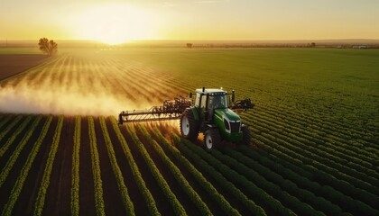 Aerial View of Tractor Spraying Pesticides on Green Soybean Plantation at Sunset - Drone View. Generative ai illustration - obrazy, fototapety, plakaty