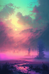 Obraz na płótnie Canvas fog covered colorful nature landscape. Generative Ai