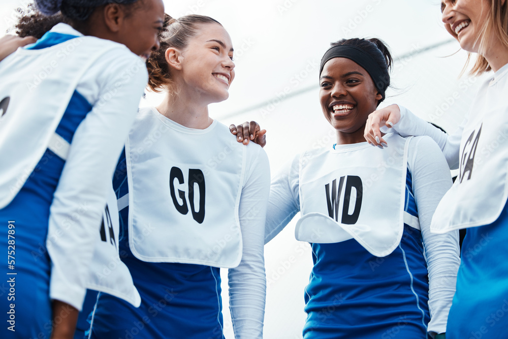 Poster Netball, sports women or happy group with team building, funny conversation and support for training or practice. Athlete friends, people or gen z excited for outdoor game in diversity circle talking