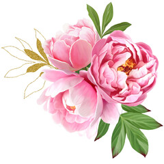 Bright flower bouquet of pink peonies, leaves and gold elements isolated on a white background.