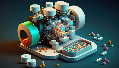 Modern technological solutions in the pharmaceutical industry. Medicines and medicinal products production technology in the future. AI generated illustration.