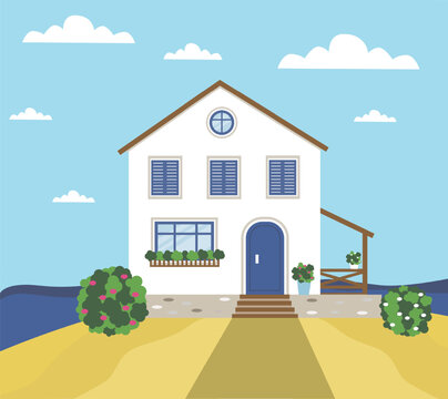 White house with shutters on the see. Vector illustration.
