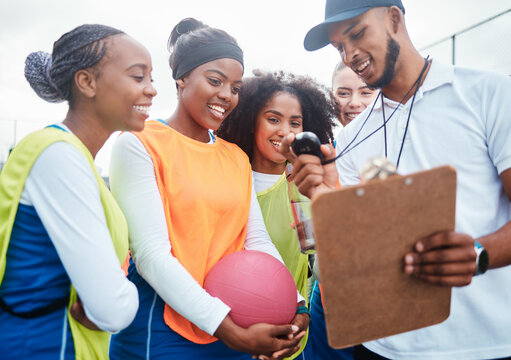 Sports time, netball team and coach check stopwatch after fitness, practice competition or group workout. Health game, watch or diversity women happy for exercise, training or court challenge success