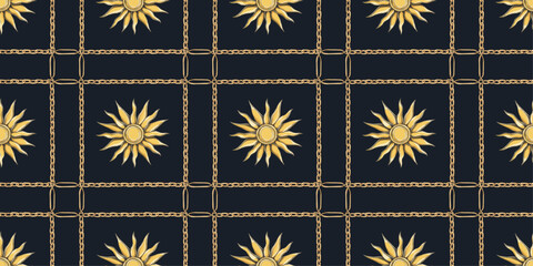 Gold chain and sun on a black background. Vector seamless pattern. Fabric design. - 575288812