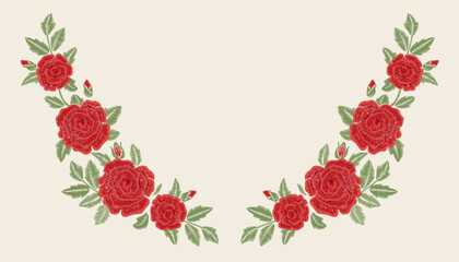Embroidered red roses on a white background. Vector floral print. Fashion design. - 575288816