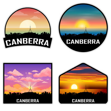 Canberra Australia Skyline Silhouette Retro Vintage Sunset Canberra Lover Travel Souvenir Sticker Vector Illustration SVG EPS AI
