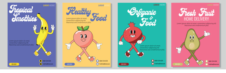 anana, watermelon, strawberry, pineapple. Cute groovy cartoon characters with hands, legs, eyes. Set of web banner, flyer or poster.