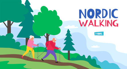 Fototapeta premium nordic walking senior couple healthy lifestyle hiking in nature vector illustration