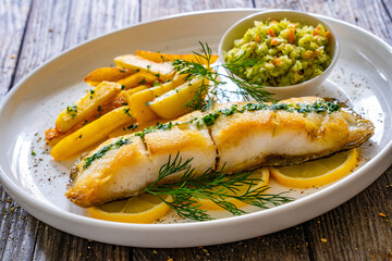 Fish dish - fried cod with French fries and cabbage salad on wooden table
