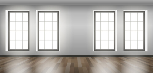 empty room interior with four windows wooden floor mock up vector illustration - 575289084