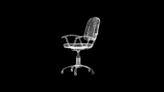 3D office chair rotates on black bg. Object dissolved white flickering particles 60 FPS. Business advertising backdrop. Science concept. For title, text, presentation. 3D animation