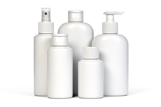 Weiße Plastikflaschen für Kosmetik, isoliert auf weißem Hintergrund. Behälter für Gel, Lotion, Schaum, Shampoo, Hautpflege, Haarspray. 3D Rendering.