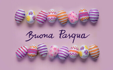 Decorated Easter Eggs with "Buona Pasqua" message on pink background