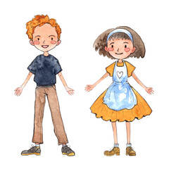 Watercolor illustration with a girl and a boy in retro style. Cute cartoon children in a friendly pose