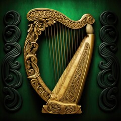 Golden harp with green floral background. Saint Patrick's day. Generative ai. 
