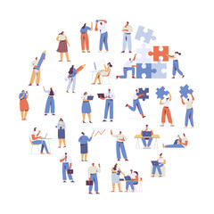 Team working, cooperation. People connecting huge puzzle elements. Partnership. Vector illustration in flat design style.