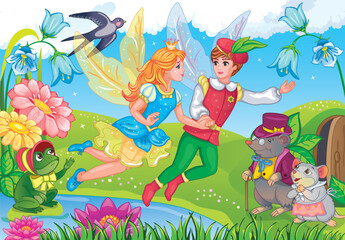 Obraz na płótnie Canvas Thumbelina and little prince. Elf Princess. Fairy tale background. Flower meadow and rainbow. Fabulous landscape. Cinderella and magical animals. Children illustration for wallpapers, puzzles. Vector.