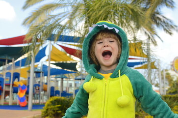 A sweet little boy in a dinosaur costume on a playground. The child in the dragon's costume laughs,...