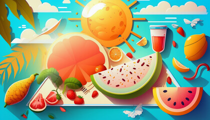 Bright Summer Vibe Caricature Illustration Background - Generative AI