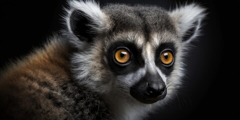 t&ecirc;te de l&eacute;murien en gros plan sur fond noir, d&eacute;tail sur le regard - illustration ia	
