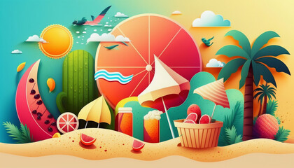 Bright Summer Vibe Caricature Illustration Background - Generative AI