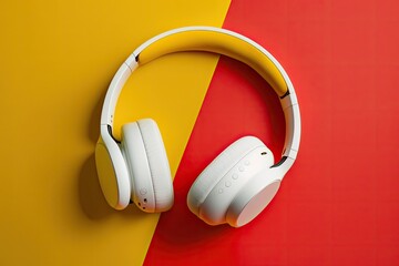 Fototapeta na wymiar Flat lay of white modern wireless headphones on a yellow background with room for copy. Generative AI