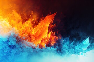 Fiery fire flame swirls and ice collision red blue background. Magic flames and ice explosion digital art.
