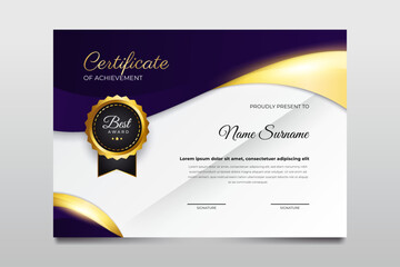 Elegant dark purple blue and gold color appreciation achievement certificate template design. suit for student employee winner and much more Premium Vector
