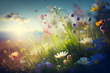 Fototapeta na wymiar colorful fresh spring meadow, sun light shining made with Generative AI
