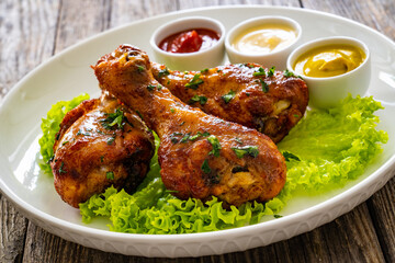 Barbecue chicken drumsticks with lettuce, ketchup, mayonnaise and mustard on wooden table
