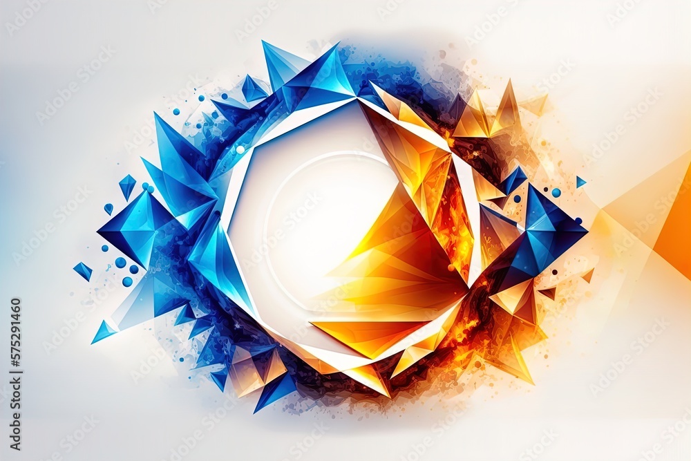 Wall mural abstract blue orange sharp geometric shape explosion white background with empty space