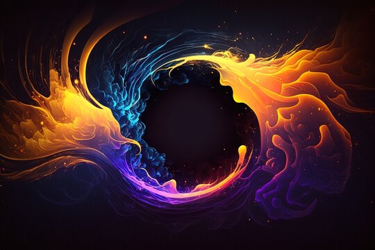 Abstract flud wavy flow with swirls purple and orange colored. Liquid motion, gas or smoke mysterious background. Fiery purple orange flames explosion