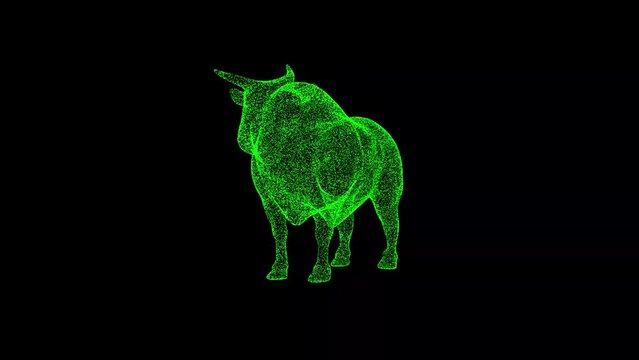 3D bull rotates on black bg. Object dissolved green flickering particles 60 FPS. Business advertising backdrop. Science concept. For title, text, presentation. 3D animation.