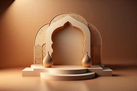 3D Luxurious And Elegant Islamic-themed Podium For Product Display, Ramadan Podium. Generative AI