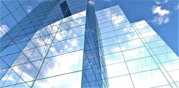 Design of the upscale business center. Bottom view of the glass facade. Reflection of the cloudy day environment. 3d rendering.
