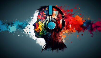 Humans Wearing Headphones with Colorful Abstract Background - Generative AI