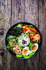 Nicoise salad - tuna, hard boiled eggs, greens, tomatoes and black olives
