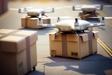 Parcel delivery by multiple drones, starting from the ground made with Generative AI