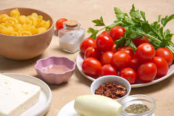 Food for cooking dishes on a beige background