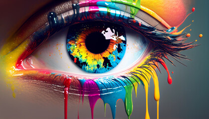 Close-up of the human eye with splashes of colorful paint, ink, and droplets. Ultra realistic. Generative AI