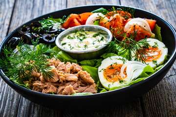 Nicoise salad - tuna, hard boiled eggs, greens, tomatoes and black olives
