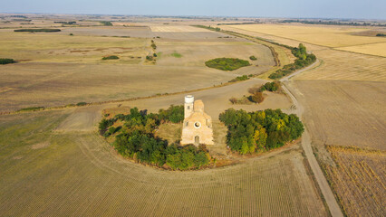 Old church and abbey ruins. Drone view of ruins of the Benedictine monastery of Araca in Serbia.