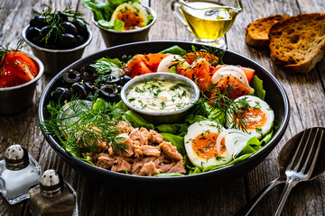 Nicoise salad - tuna, hard boiled eggs, greens, tomatoes and black olives
