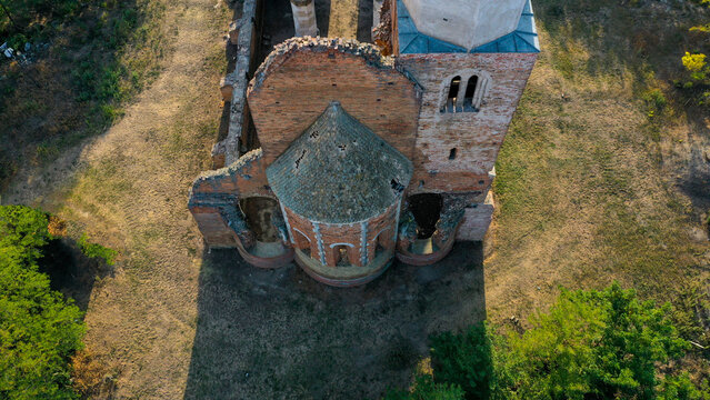 Old church and abbey ruins. Drone view of ruins of the Benedictine monastery of Araca in Serbia.
