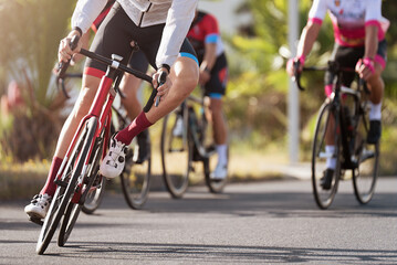 Naklejka na ściany i meble Cycling competition, cyclist athletes riding a race