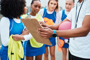 Clipboard hands, netball sports team and coach planning game plan, teamwork collaboration or...