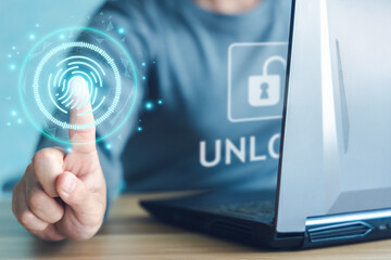 People using virtual fingerprint scanner unlocking laptop computer. Biometric authentication and cybersecurity concept. 