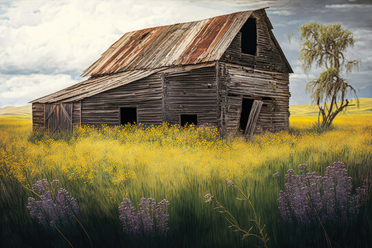 An abandoned, weathered barn sitting in a vast field of wildflowers, illustration, painting - Generative AI